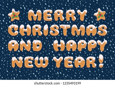 Typography christmas greeting card in cartoon style with text form of homemade cookies. Xmas doodle letters for banner, invitation, poster, label, postcard. Vector illustration