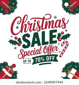 Typography Christmas Sale Special Offer Up To 70% Off simple template background Vector illustration.