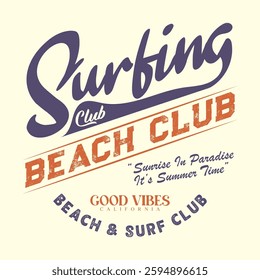 Typography college varsity, Vintage college style typography slogan, Summer beach vibes. Surfing club. Miami surf days, t shirt graphics design, Long beach print design artwork. Beach Paradise t shirt