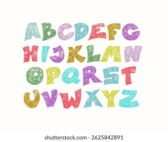 Typography colored font with scribble alphabet. Modern abstract typeface design with letters in crayon style. Set of English alphabet, school kid vector illustration