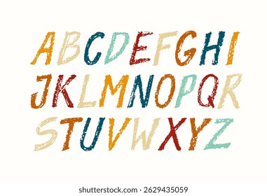 Fonte colorida com tipografia e alfabeto rabiscado. Design moderno de fonte abstrata com letras em estilo de giz de cera. Conjunto de alfabeto inglês, ilustração do vetor da criança da escola