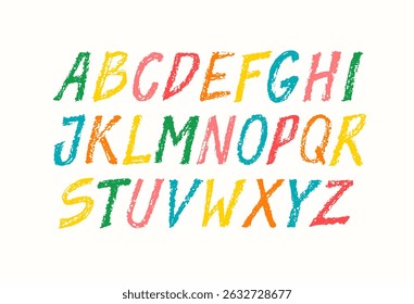 Typography colored font with scribble alphabet. Modern abstract typeface design with letters in crayon style. Set of English alphabet, school kid vector illustration