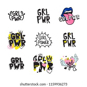 Typography colorful slogan Girl Power text, decoration. GRL PWR short quote, simple cute illustration for Print Bag Sticker Clothing Laptop Phone Wall everywhere. Modern feminist picture, tattoo trend