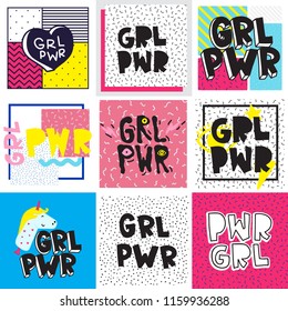 Typography colorful slogan Girl Power text, decoration. GRL PWR short quote, simple cute illustration for Print Bag Sticker Clothing Laptop Phone Wall everywhere. Modern feminist picture, tattoo trend