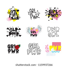 Typography colorful slogan Girl Power text, decoration. GRL PWR short quote, simple cute illustration for Print Bag Sticker Clothing Laptop Phone Wall everywhere. Modern feminist picture, tattoo trend