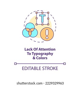La tipografía y la importancia de los colores ignoran el icono de concepto. El diseñador principiante de UI UX error idea abstracta ilustración de línea delgada. Dibujo de contorno aislado. Trazo editable. Fuentes Arial, Myriad Pro-Bold utilizadas