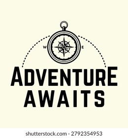 Typography with compass navigation symbol for adventure and travel