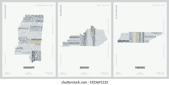 Typography composition of city names, silhouettes maps of the states of America, vector detailed posters, Division East South Central, Mississippi, Kentucky, Tennessee, set 11 of 17