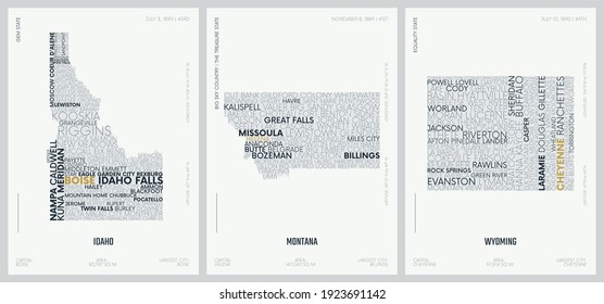Typography composition of city names, silhouettes maps of the states of America, vector detailed posters, Division Mountain, Idaho, Montana, Wyoming, set 15 of 17