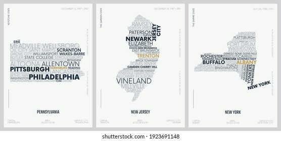 Typography composition of city names, silhouettes maps of the states of America, vector detailed posters, Division Mid-Atlantic, Pennsylvania, New Jersey, New York, set 3 of 17