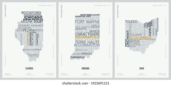 Typography composition of city names, silhouettes maps of the states of America, vector detailed posters, Division East North Central, Illinois, Indiana, Ohio, set 4 of 17