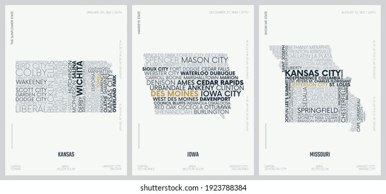 Typography composition of city names, silhouettes maps of the states of America, vector detailed posters, Division West North Central, Kansas, Iowa, Missouri, set 6 of 17