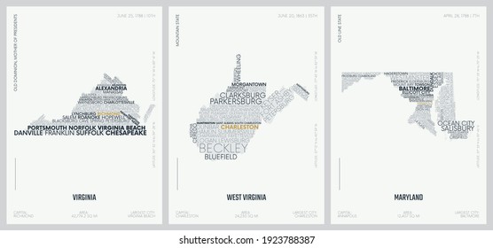 Typografie-Zusammensetzung von Stadtnamen, Silhouetten-Karten der Bundesstaaten Amerika, Vektorgrafik-detaillierte Plakate, Division South Atlantic, Virginia, West Virginia, Maryland, Set 8 von 17