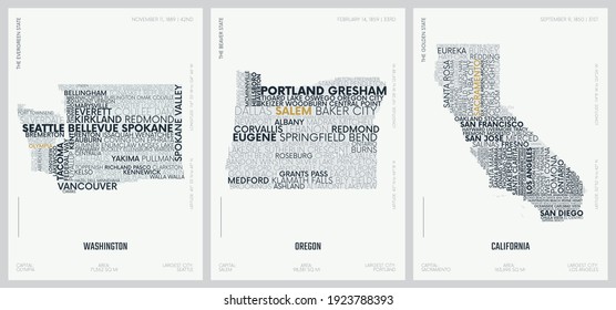 Typography composition of city names, silhouettes maps of the states of America, vector detailed posters, Division Pacific, Washington, Oregon, California, set 16 of 17
