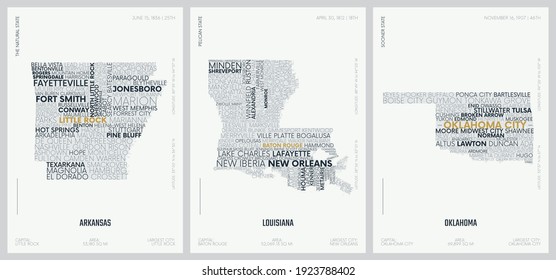 Typography composition of city names, silhouettes maps of the states of America, vector detailed posters, Division West South Central, Arkansas, Louisiana, Oklahoma, set 12 of 17