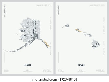 Typography composition of city names, silhouettes maps of the states of America, vector detailed posters, Division Pacific, Alaska, Hawaii, set 17 of 17