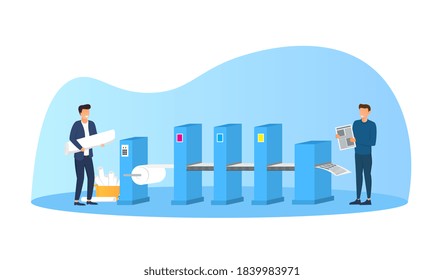 Typography concept. Printing presses print the latest edition of the newspaper. Flat vector cartoon illustration with fictional characters.