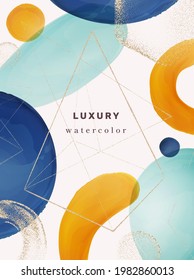 La tipografía abarca el diseño moderno con formas geométricas de acuarela y pinceles abstractos. Textura de brillo dorado en la página, afiche con estilo de moda. Banner con triángulo, vector de caricatura realista