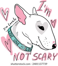 Typography Cute bull terrier sketch. Vector illustration in hand-drawn style . Image for printing on any surface