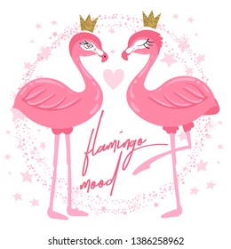 typography cute carton flamingo print with  glitter crown and slogan.   for clothes, banner, graphic tees, girls, women, child. hand written text . Creative girlish original design 