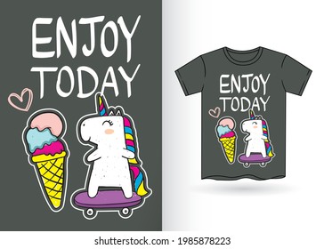 Typography with cute hand drawn unicorn for t shirt
