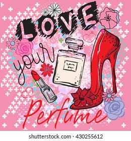 Typography Cute Romantic Love vector graphic print for t-shirt.  fashion sketch 