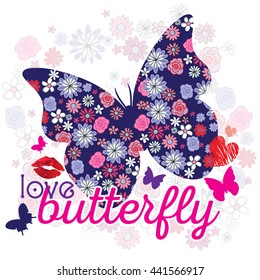 Typography Cute Romantic Love vector graphic print for t-shirt with butterfly