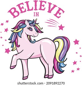 typography cute unicorn print. Magic background with glitter. for graphic tees, kids textile, clothes, banner, girls, women, child. 