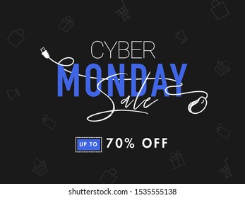Tipografía de Cyber Monday con ratón por cable y 70% de descuento oferta sobre el fondo de la compra negra para la venta.
