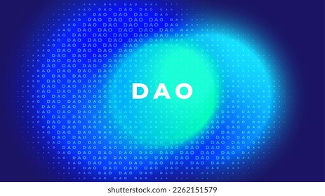 Typography DAO for infographics. Decentralized Autonomous Organisation. Digital technology, smart contract, cryptocurrency. Vector wallpaper, blue background. Illustration with glowing blurred circle.