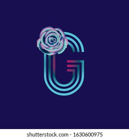 Typography decorated icon with a striped letter and a colorful rose. Isolated uppercase initials logo. Pop art illustration in multiple color metallic shades isolated on dark blue background.