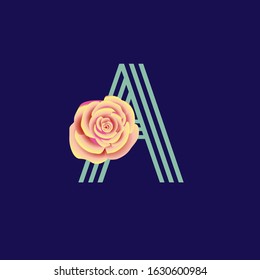 Typography decorated icon with a striped letter and a colorful rose. Isolated uppercase initials logo. Pop art illustration in multiple color metallic shades isolated on dark blue background.