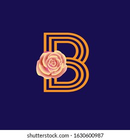 Typography decorated icon with a striped letter and a colorful rose. Isolated uppercase initials logo. Pop art illustration in multiple color metallic shades isolated on dark blue background.
