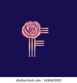 Typography decorated icon with a striped letter and a colorful rose. Isolated uppercase initials logo. Pop art illustration in multiple color metallic shades isolated on dark blue background.