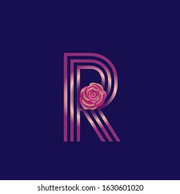 Typography decorated icon with a striped letter and a colorful rose. Isolated uppercase initials logo. Pop art illustration in multiple color metallic shades isolated on dark blue background.