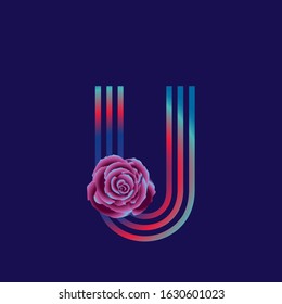 Typography decorated icon with a striped letter and a colorful rose. Isolated uppercase initials logo. Pop art illustration in multiple color metallic shades isolated on dark blue background.