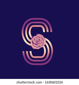 Typography decorated icon with a striped letter and a colorful rose. Isolated uppercase initials logo. Pop art illustration in multiple color metallic shades isolated on dark blue background.