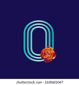 Typography decorated icon with a striped letter and a colorful rose. Isolated uppercase initials logo. Pop art illustration in multiple color metallic shades isolated on dark blue background.