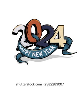 Typography design of 2024 and happy new year in banner design in doodle art