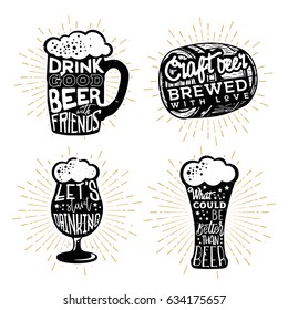Typography design of beers. Texts in different beer themed objects: mug, cask (barrel), glass.
