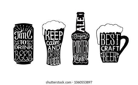 Typography design of beers. Vector illustration with lettering. Typography objects used for advertising festival, beverage, bar or pub menu.