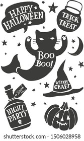 Typography for design for the celebration of Halloween. Cauldron, witch hat, ghost cat, potion bottle. Happy Halloween. Trick or Treat. Witch Craft. Night Party. Boo! Pumpkin.