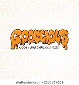 Diseño tipográfico de una combinación de las palabras pegajosas y deliciosas para pizza restaurante con texto derretido. El texto significa que es una pizza pegajosa y deliciosa