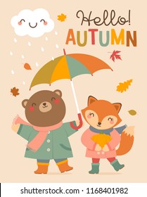 “Hello autumn” typography design with cute bear and fox cartoon illustration.
