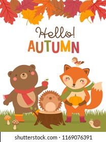 “Hello autumn” typography design with cute bear, fox, hedgehog, bird, snail cartoon and leaves border illustration.
