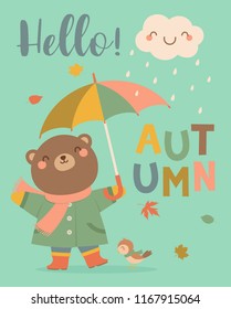“Hello autumn” typography design with cute bear holding umbrella and little bird cartoon illustration.