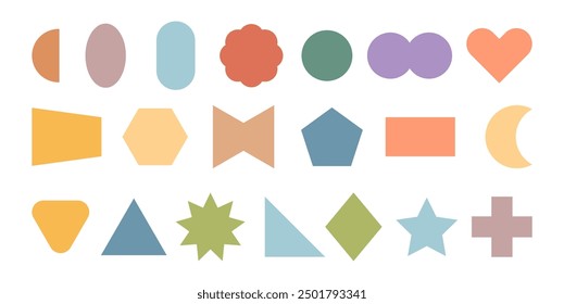 Typography design elements. Vector set of geometric shapes and objects. Isolated triangles and stars, pentagon and hexagon, rectangle and oval, heart and moon. Notes, banners and stickers templates