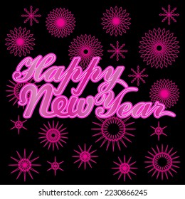 diseño de tipografía de feliz año nuevo con una combinación de color violeta y fuegos artificiales
