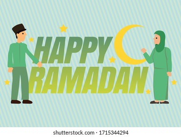 Typography design of Happy Ramadan with couple. Fasting muslim religion celebration concept. Vector illustration