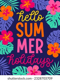 Typography design with hibiscus and tropical leaf border for summer holidays concept.